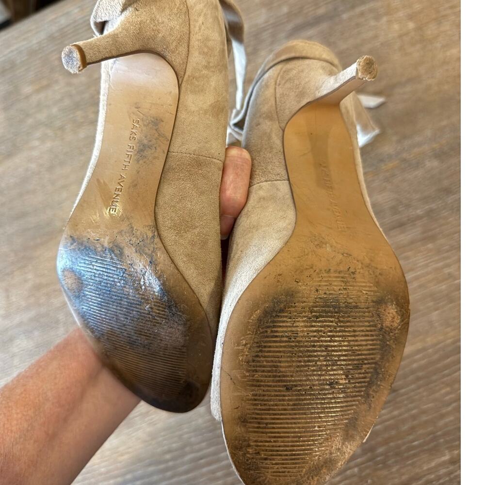 SAKS FIFTH AVENUE CLara Tan Suede Lace Up Heels Pumps Shoes 7 - Picture 5 of 5